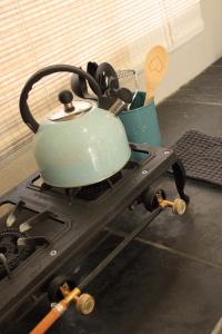 a green tea pot sitting on a stove at Matroosbergstasie Karoohuisies in Matroosberg Private Nature Reserve