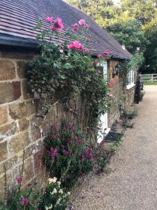 a brick wall with pink roses growing on it at The Grooms Den @ Grove Farm in Fenny Compton