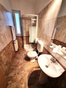 a bathroom with a sink and a toilet and a shower at Motel Via Targu Mures in Cristeşti