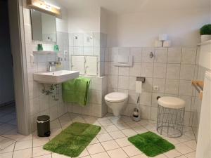 a bathroom with a sink and a toilet and green mats at Haus Eckert in Höchenschwand