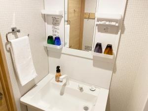 a bathroom with a white sink and a mirror at Takanobashi HOTEL in Hiroshima