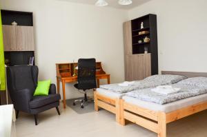 een slaapkamer met een bed, een bureau en een stoel bij Apartmán Kampelička in Rataje nad Sázavou