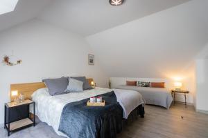 卡米耶的住宿－Les Pénates de Camiers，一间卧室设有两张床和两张带台灯的桌子。