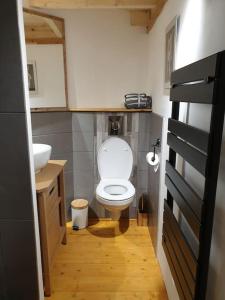 uma pequena casa de banho com WC e lavatório em Tour de charme atypique em Beauregard-lʼÉvêque