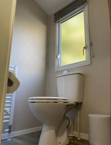 a bathroom with a white toilet and a window at KellysHolidayHomes 26 Willerby 2 bedrooms caravan in Weeley