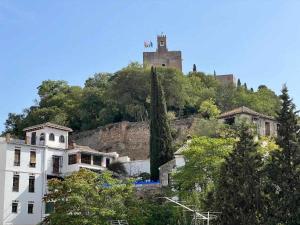 a castle on top of a hill with houses at Hostal Viena Plaza Nueva in Granada