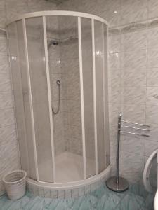 W łazience znajduje się prysznic ze szklanymi drzwiami. w obiekcie Sieglhof w mieście Breitenbach am Inn