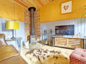 sala de estar con chimenea y TV en The Quail Cabin en Kirdford