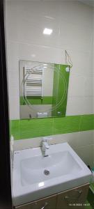 a bathroom with a white sink and a mirror at 1 bedroom unit with patio in Tbilisi City