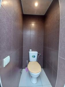 a bathroom with a toilet with a brown tiled wall at Дом с удобствами in Cherkasy