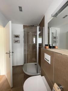 uma casa de banho com um chuveiro, um WC e um lavatório. em Wolke 7 - a71034 em Bad Harzburg
