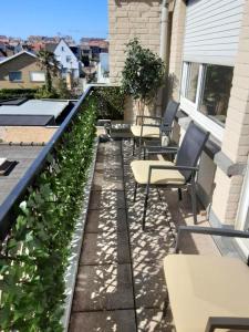 een patio met stoelen en planten op een huis bij 2 bedrooms appartement with city view balcony and wifi at Knokke Heist in Zeebrugge