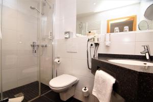 a bathroom with a toilet and a sink and a shower at Landhotel Schöll in Parsberg