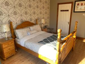 ein Schlafzimmer mit einem Bett und einem Nachttisch mit einer Lampe in der Unterkunft Davmar House in Cork