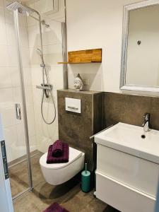 La salle de bains est pourvue d'une douche, de toilettes et d'un lavabo. dans l'établissement Ferienwohnung EnsheimLiebe, à Sarrebruck