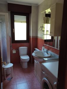 baño con aseo y lavabo y ventana en Apartamentos la Escuela en Cantabria, en Villegar