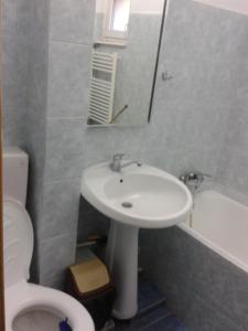 La salle de bains est pourvue d'un lavabo blanc et de toilettes. dans l'établissement Apartament Slanic Moldova, à Slănic-Moldova