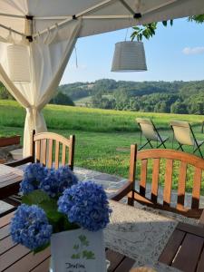 une table avec des fleurs bleues au-dessus d'une table dans l'établissement Hiša Antonija, à Moravske Toplice