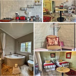 eine Collage mit Bildern eines Badezimmers mit einer Badewanne und einem Waschbecken in der Unterkunft Chocolate Orchid in White River