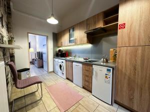 y cocina con fregadero, nevera y lavavajillas. en ABT Apartments Karoly, en Budapest