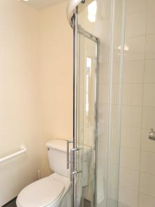 a bathroom with a toilet and a glass shower at Lunan House in Arbroath