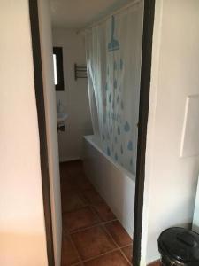 y baño con bañera y cortina de ducha. en Agradable casa rural, en Murcia