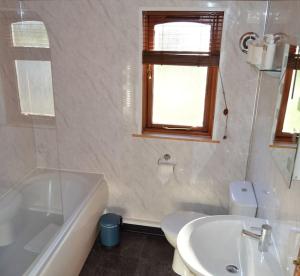 een badkamer met een bad, een toilet en een wastafel bij Woolpack Lodge in Holmrook