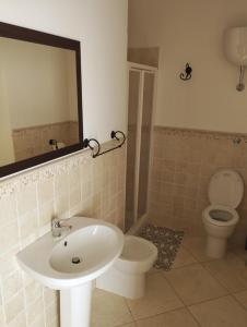 bagno con lavandino, servizi igienici e specchio di B&B Sud e Magia a San Pietro Infine