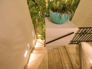una escalera con una olla de plantas en la pared en Casona 66 Merida Boutique Hotel en Mérida