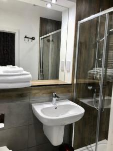 a bathroom with a sink and a glass shower at Lunan House in Arbroath