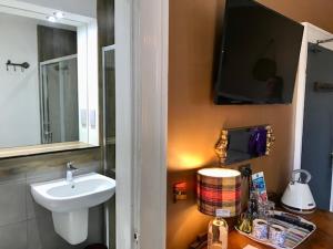 a bathroom with a sink and a toilet and a tv at Lunan House in Arbroath