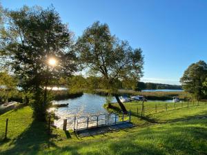 a park with a bench next to a lake at Babi Domek - Leśny dom z balią in Kruczy Borek