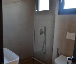 a bathroom with a shower with a toilet and a sink at N'Peze Hotel in Tirana