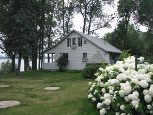 a white house with a large bush of white flowers at Motel Le Charentais in Sorel