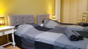 2 camas en una habitación con 2 lámparas y una mesa en Le Clos de la Déesse, en La Ferté-Saint-Cyr
