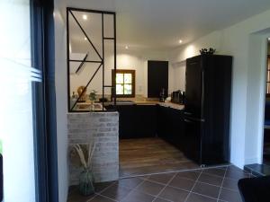 a kitchen with black cabinets and a black refrigerator at Le Clos de la Déesse in La Ferté-Saint-Cyr +17 photos