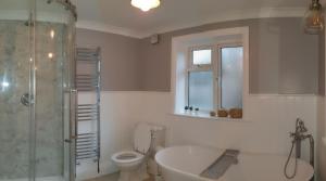 a bathroom with a shower and a toilet and a sink at Pinewood Studios, Iver near Heathrow and Windsor XL 75sqm 2 King Bed Flat with 2 Parking Spaces in Buckinghamshire