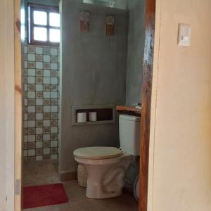 Elle comprend une petite salle de bains pourvue de toilettes et d'une fenêtre. dans l'établissement Vila Sincorá - Chalé para 4 pessoas com cozinha a 2 km da portaria da Cachoeira do Buracão, à Ibicoara