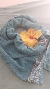 uma flor deitada sobre um cobertor sobre uma cama em JOYAUX DE TIVOLI VILLA em Fort-de-France