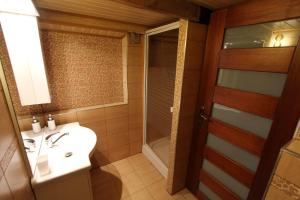 a bathroom with a sink and a shower at domek letniskowy Majdy własna plaża in Majdy