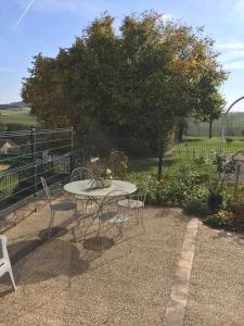 une table et des chaises dans un jardin avec un arbre dans l'établissement Petite maison de caractère, à Parey-sous-Montfort