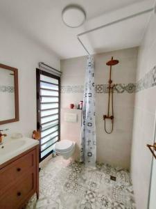 ein Bad mit einem WC und einem Waschbecken in der Unterkunft Bungalow les Songes in L’Étang-Salé
