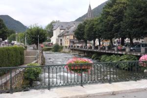 een brug over een rivier met bloemen erop bij Gîtes chez Sylvie in Arreau