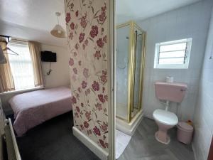 a small bathroom with a pink toilet and a sink at Galaxy Hotel in Blackpool