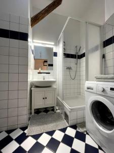 a bathroom with a sink and a washing machine at Helles Apartment im Zentrum in Graz