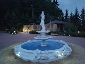 una fuente en medio de un patio por la noche en Noclegi u Dorki en Kurzętnik