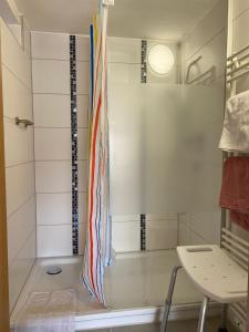 La salle de bains est pourvue d'une douche avec un drapeau. dans l'établissement Landhaus & Pension Christian, à Füssen