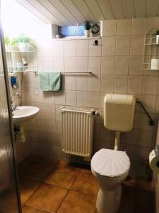 La salle de bains est pourvue de toilettes et d'un lavabo. dans l'établissement Katica Apartmanok, à Egerszalók