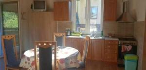 eine Küche mit einem Tisch, 2 Stühlen und einem Tisch sowie eine Küche mit in der Unterkunft Noclegi u Dorota in Kurzętnik