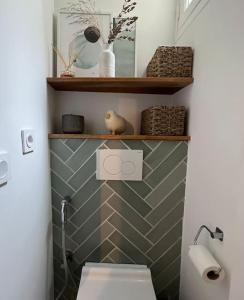 a bathroom with a toilet and shelves on the wall at Why Paris ? Why Montmartre ? in Paris